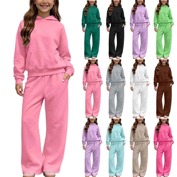Girls Clothes Winter Warm Fleece Lined Tracksuit Solid Color Hoodies Sweatshirt Loose Wide Leg Sweatpants with Pockets Casual 2 Piece Sweatsuit