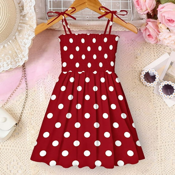 5T Toddler Girl Dresses Summer Clothes Casual Kids Cute Sleeveless Dress Polka Dot Spaghetti Strap Adjustable Sun Dress Midi Pleated A Line Vacation Beach Dress