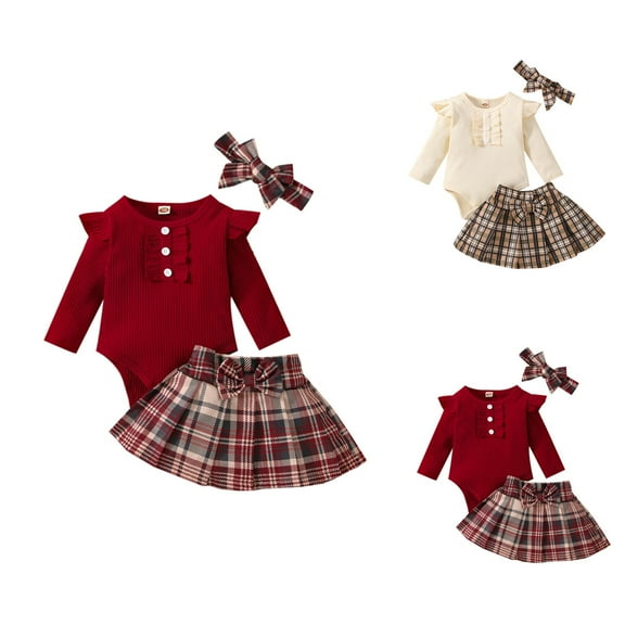 Girls Clothing Girls Clothing Set Girls Long Sleeve Ruffles Ribbed Romper Bodysuits Plaid Prints Skirt Headbands Outfits