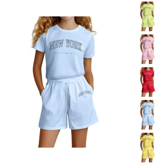 Girls Clothing Girls Set Girls Fashion Letter Print Casual Loose Short Sleeve Suit(4 14 Ages)