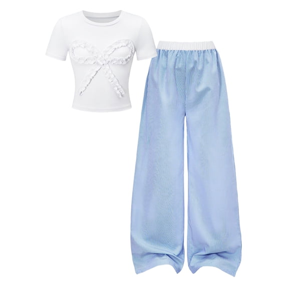 Girls Clothing Set 2 Piece Outfits Tie Dye Twist Front Crop Tops and Wide Leg Pants for Casual,Dance,Sport,Light Blue