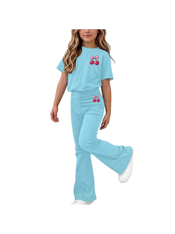 Girls Clothing Set Teen 2 Piece Outfits Round Neck Oversize Short Sleeve Tops Flare Pants Sets School Loose Light Blue 14-15 Years