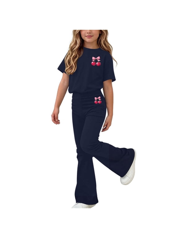 Girls Clothing Set Teen 2 Piece Outfits Round Neck Oversize Short Sleeve Tops Flare Pants Sets School Loose Navy 13-14 Years