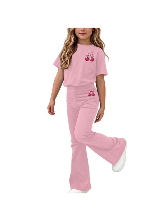 Girls Clothing Set Teen 2 Piece Outfits Round Neck Oversize Short Sleeve Tops Flare Pants Sets School Loose Pink 13-14 Years