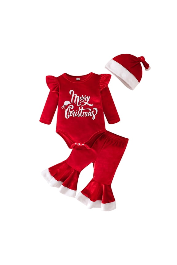 Girls' Clothing Sets 12-18 Months Christmas Long Sleeve Letter Prints Romper Long Hat Red Clothing Sets