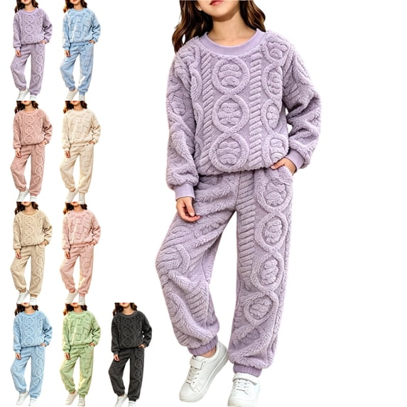 Girls' Clothing Sets 2 Piece Fuzzy Winter Warm Fleece Loose Flannel Cute Pullover Sweatshirt and Jogger Pant Pajamas Sweatsuit 5-14 Years