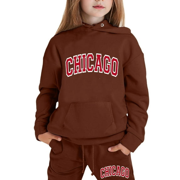Girls' Clothing Sets Clearance Long Sleeve Chicago Printed T Shirt Pants Set Letter Print Casual Clothes Set for Children Kids,Brown,3-4 Years