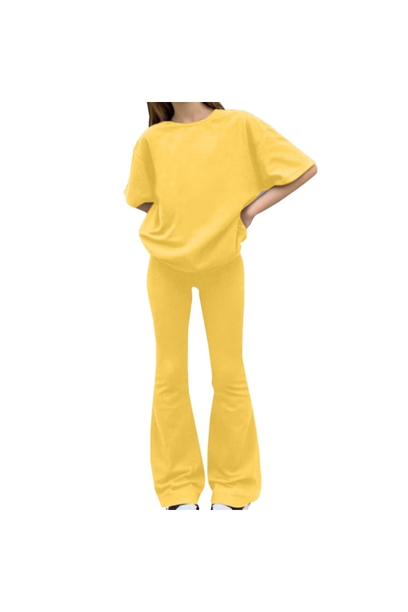 Girls' Clothing Sets Drop Shoulder T-Shirt and Bell Bottom Pants 2 Pieces Cute 2025 Spring Outfits Sweatsuits School ??niform