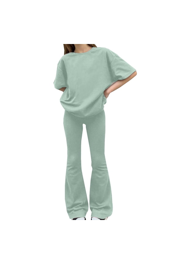 Girls' Clothing Sets Drop Shoulder T-Shirt and Bell Bottom Pants 2 Pieces Cute 2025 Spring Outfits Sweatsuits School ??niform