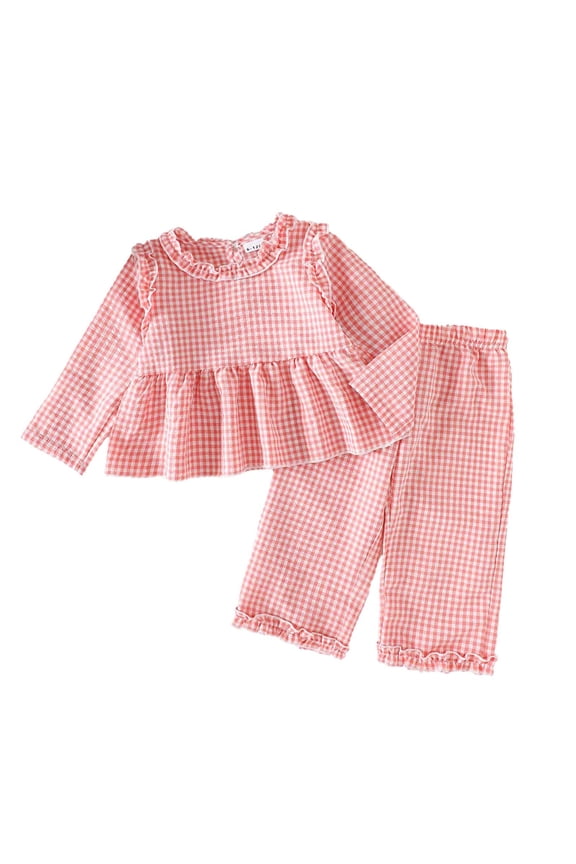Girls' Clothing Sets Long Sleeve Plaid Tops Ruffles Pants Scrubs for Girl Set,Pink,18M