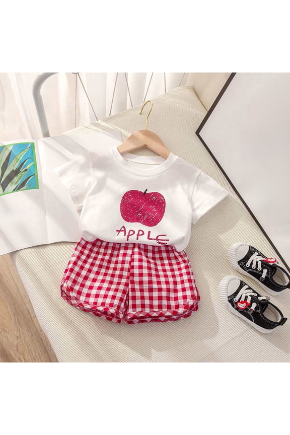 Girls' Clothing Sets Size 8 Newborn Baby Girl Clothes Summer Girls Short Sleeve Top Shorts Suit Comfortable Fashion Cartoon Fruit Plaid Print Children Two Piece Suit