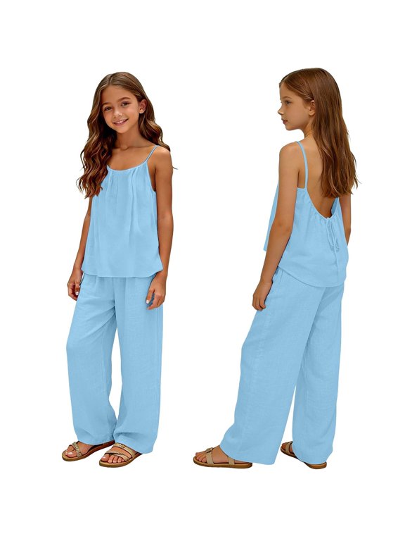 Girls’ Clothing Sets Sleeveless Crop Top Wide Leg Linen Shorts Pants Set 3 6 12 18 Months 2T 3T 4T 5T 2026 Summer 2 Piece Outfits Casual Loose Kids Clothes (9-10 Years,Sky Blue)
