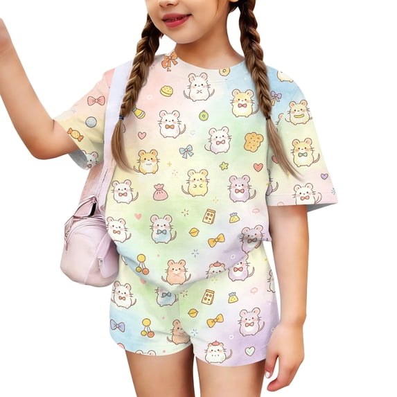 Girls' Clothing Sets Summer Outfits Size 10-12 2 Piece Outfits Cute Funny Animal Print Clothing Sets Casual Short Sleeve T Shirts Top and Shorts Athletic Lounge Set Multicolor 5-6 Years