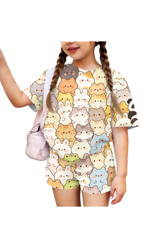 Girls' Clothing Sets Summer Outfits Size 10-12 Cute Funny Animal Print 2 Piece Outfits Tracksuit Athletic Short Sleeve T Shirts Top and Shorts Clothing Sets Pink 7-8 Years