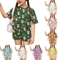 thumbnail image 1 of Girls' Clothing Sets Summer Outfits Size 7-8 Cute Funny Cartoon Animal Print Two Piece Outfits Lounge Set Casual Short Sleeve Tee Top and High Waist Shorts Clothing Sets Dark Green 2-3 Years, 1 of 8
