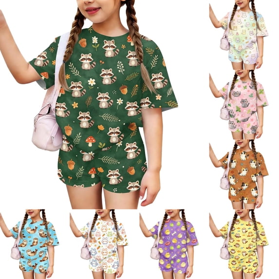 Girls' Clothing Sets Summer Outfits Size 7-8 Cute Funny Cartoon Animal Print Two Piece Outfits Lounge Set Casual Short Sleeve Tee Top and High Waist Shorts Clothing Sets Dark Green 2-3 Years