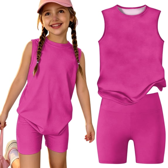 Girls' Clothing Sets Summer Outfits Size 7 Girls 2 Piece Outfits Cute Preppy Clothing Sets Casual Sleeveless Tee Top and Y2K Shorts Athletic Activewear Hot Pink 2-3 Years
