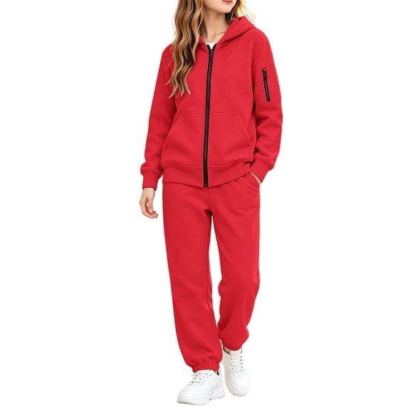Girls' Clothing Sets Sweatsuit Causal Zip Up Hoodie Sweatshirt and Sweatpants Girls Clothes Fall Trendy Y2k Girls Athletic Sets Red 12-13 Years
