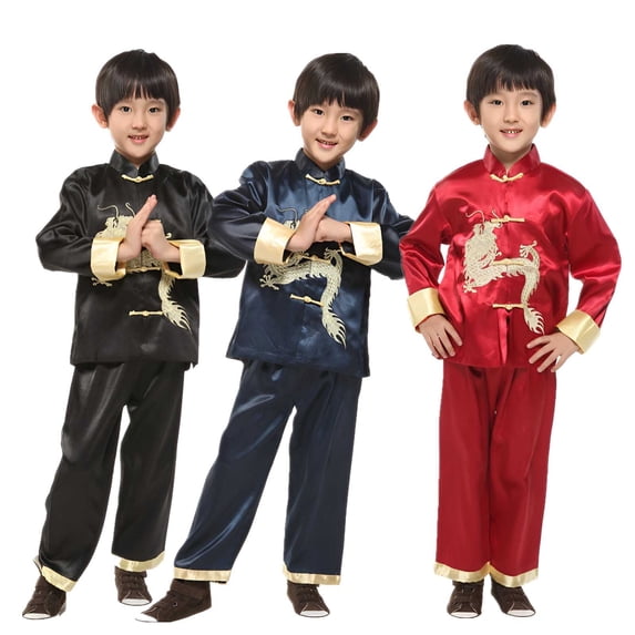 Girls' Clothing Sets Tang Suit Festival Long Sleeve Dragon Embroidered Open Front Dress Tops Pants Set Boys Clothes 6-7 Years