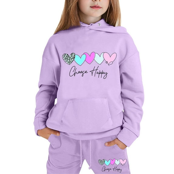 Girls' Clothing Sets Valentine's Day Heart Printed Long Sleeve Casual Trendy Hoodie Sweatshirts and Long Pants Set Outfit,Purple,12-13 Years