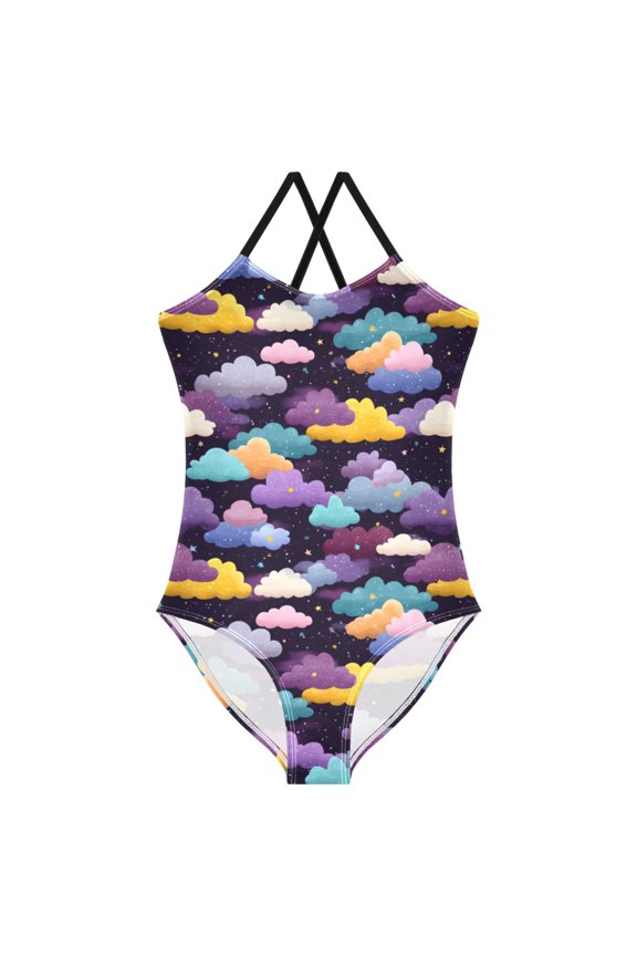 Girls Cloud Starry Print One Piece Swimsuit, Cross Back Spaghetti Strap Bathing Suit for Kids Summer Beach Pool Swimwear 9-10T