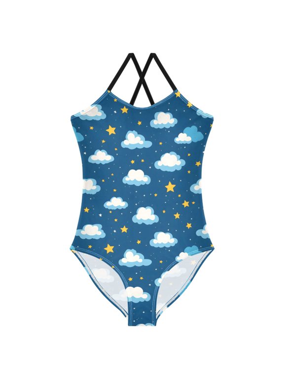 Girls Clouds Stars Print One Piece Swimsuit, Cross Back Spaghetti Strap Bathing Suit for Kids Summer Beach Pool Swimwear 9-10T