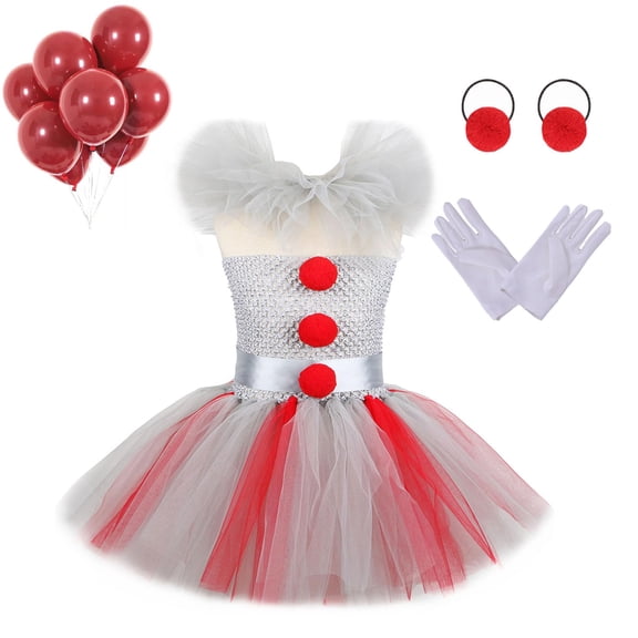 Girls Clown Tutu Dress Costume with Balloons and Gloves,Toddler Kids Clown Costume Outfits Halloween Party