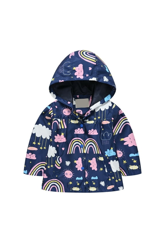 Girls Coats And Jackets Long Sleeve Prints Windproof Hooded Windbreaker Casual Navy Going Out Fall Tops for Girls ,6-7 Years