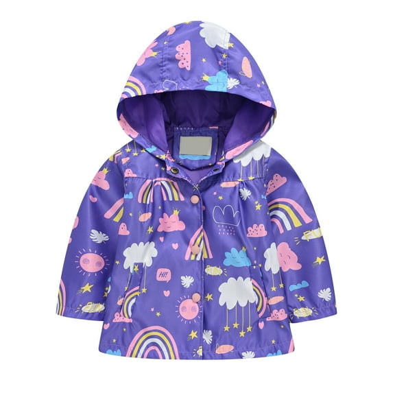 Girls Coats And Jackets Long Sleeve Prints Windproof Hooded Windbreaker Casual Purple Cute Fall Tops for Girls ,5-6 Years