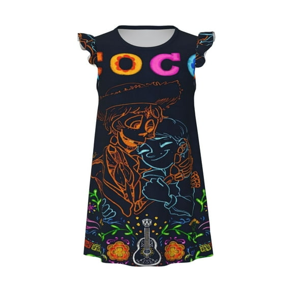 Girls Coc Movie Graphic Flutter Sleeve Soft Fabric Casual Dress for Home Sleep Dress Party Outdoor