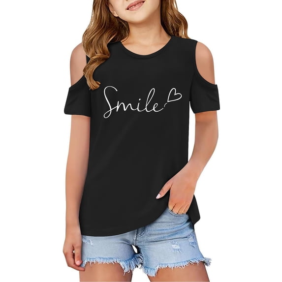 Girls Cold Shoulder Short Sleeve Tee Oversized Casual Crewneck Top for Spring and Summer Tween Kids Summer Soft Comfy Cute Teen Basic Tees