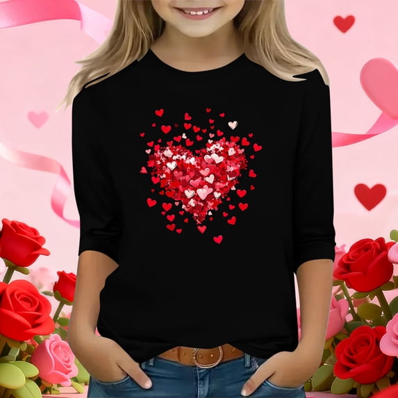 Girls Cold Shoulder Top - Black Heart Print 3/4 Sleeves Soft Stretchy Casual Shirt for Girls Ages 6-12,Size 5-6T