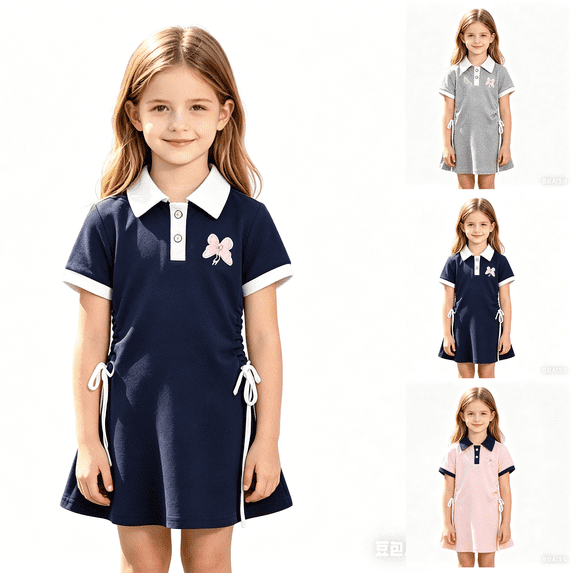 Girls Collar Short Sleeve Dress Kids Casual School Uniform Dress Cute Embroidered A Line Dress with Side Drawstring Adjustable Waist Comfortable Soft Breathable Daily Wear Back to School Outfit