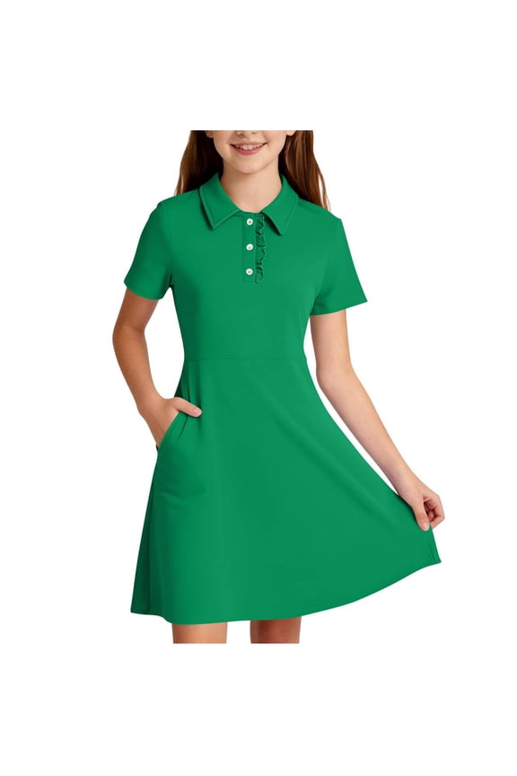 Girls Collared A Line Dress Fit and Flare Short Sleeve Button Front Knee Length Skater Dress Stretchy Athletic Fabric Pockets Ruffle Tennis Workout Casual Wear 5-15Y