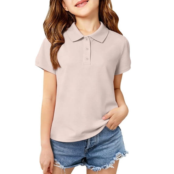 Girls'Collared Polo Shirt,Solid Color Button Placket Soft Cotton Short Sleeve Kids Top