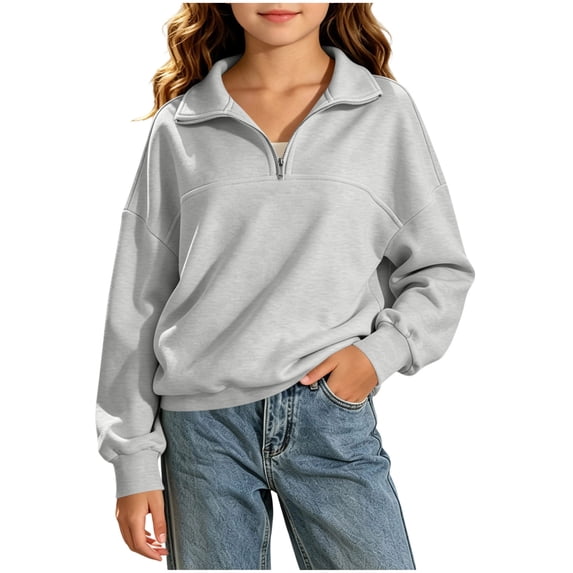 Girls Collared Quarter Zip Pullover Sweatshirt,Kids Fleece Lined Tops Relaxed Fits Daily School Casual Wear with Drop Shoulder,Gray,11-12Years
