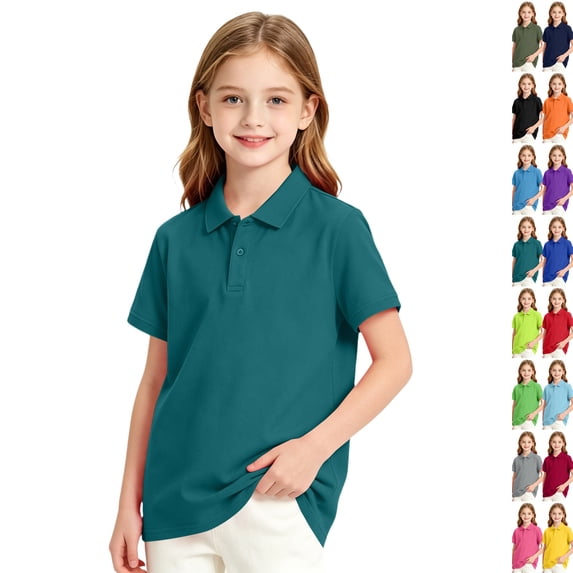 Girls Collared School Uniform Polo Shirts Kid Short Sleeve Pique Polo Shirt,Dark Green 120