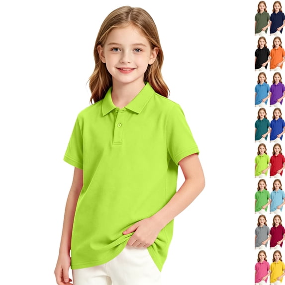 Girls Collared School Uniform Polo Shirts Kid Short Sleeve Pique Polo Shirt,Fluorescent Green 150