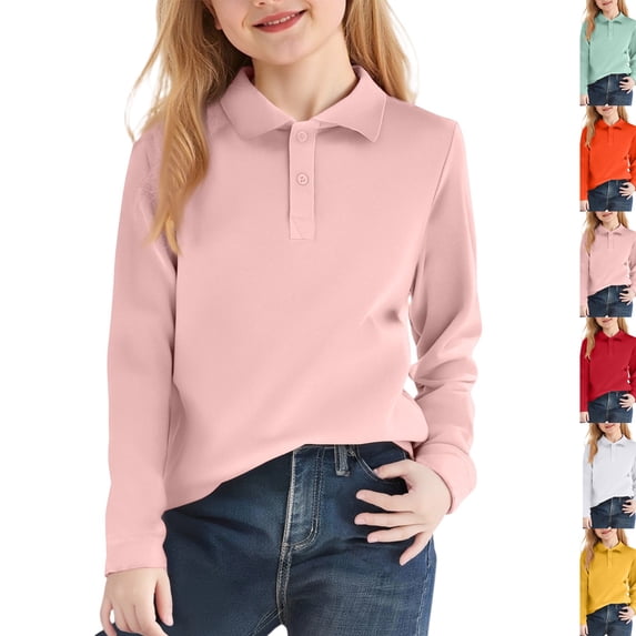 Girls Collared School Uniform Polo Shirts Kids Long Sleeve Pique Polo Shirt,Pink,9-10 Years
