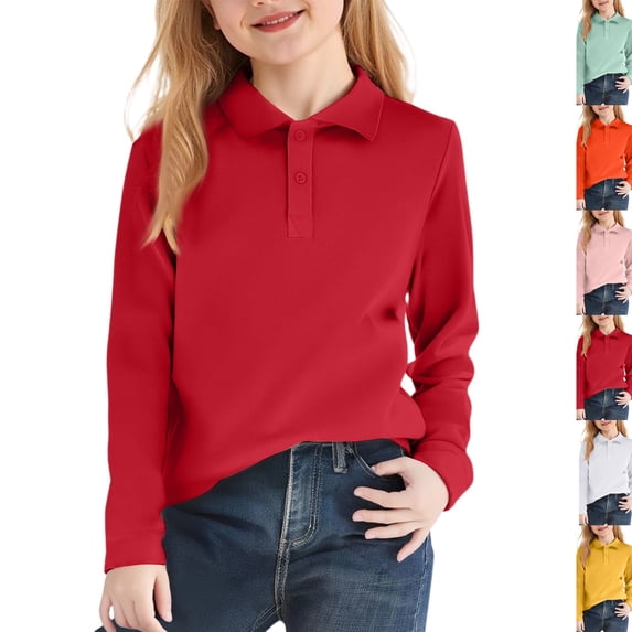 Girls Collared School Uniform Polo Shirts Kids Long Sleeve Pique Polo Shirt,Red,9-10 Years
