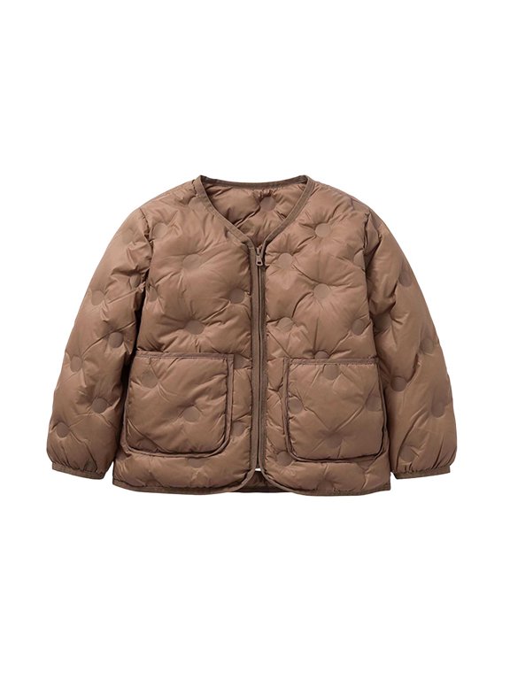 Girls Collarless Quilted Jacket, Full Zip Lightweight Long Sleeve Outer Coat with Pockets, Casual Warm Outerwear for Kids Fall Winter