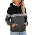 thumbnail image 1 of Girls Color Block Hooded Sweatshirt, Long Sleeve Pullover Hoodie with Front Kangaroo Pocket, Kids Loose Casual Striped Patchwork Tops for Spring Fall Black 5-6 Years, 1 of 6