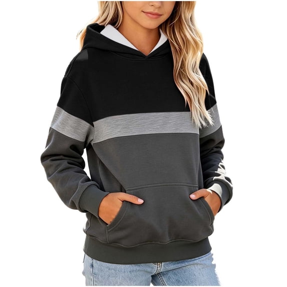Girls Color Block Hooded Sweatshirt, Long Sleeve Pullover Hoodie with Front Kangaroo Pocket, Kids Loose Casual Striped Patchwork Tops for Spring Fall Black 5-6 Years