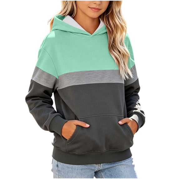 Girls Color Block Hooded Sweatshirt, Long Sleeve Pullover Hoodie with Front Kangaroo Pocket, Kids Loose Casual Striped Patchwork Tops for Spring Fall Mint Green 9-10 Years