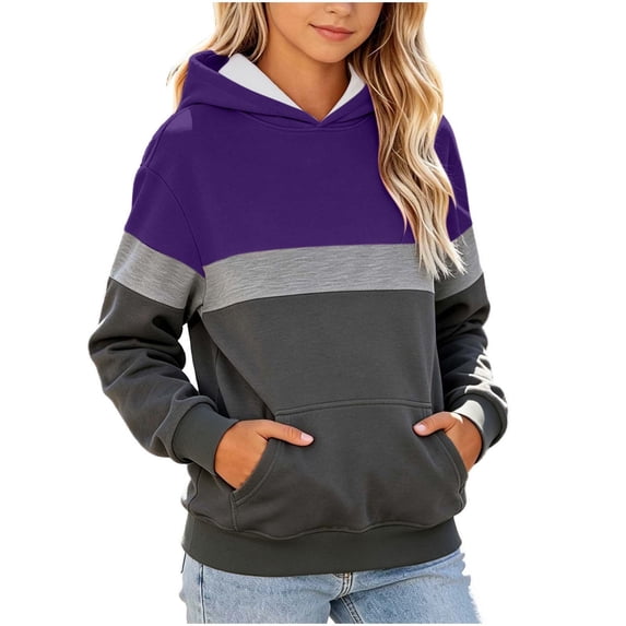 Girls' Hoodie, Color Block Lightweight with Pockets Casual