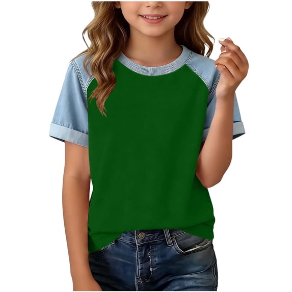Girls Color Block Raglan T-Shirt with Denim Contrast Sleeves Crewneck Short Sleeve Casual Pullover Top Green,Size 10-11T