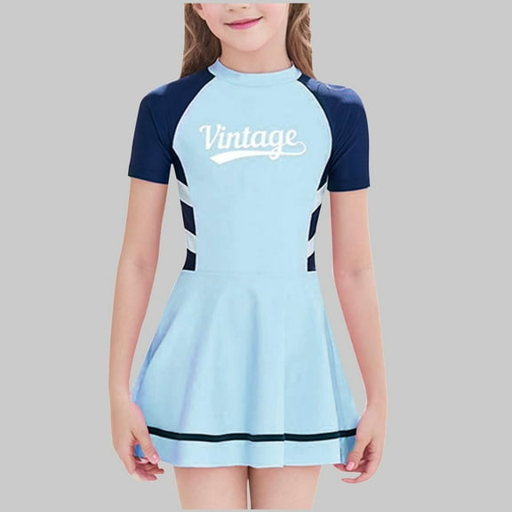 Girls' Color Block Swimsuit with Short Sleeves and Zipper Skirt for Swimming and Play