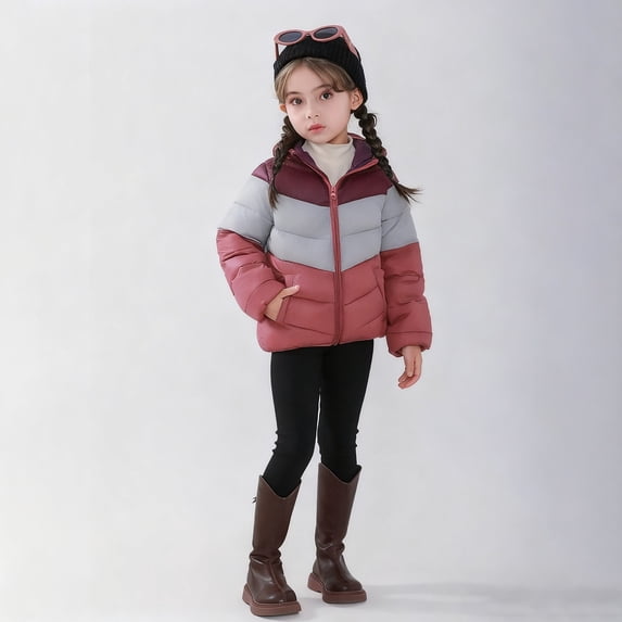 Girls' Color Block Zip Up Hooded Jacket, Two-Tone Design Casual Outerwear, Kids Lightweight Windproof Coat for Fall Winter Playground School Activities Wine