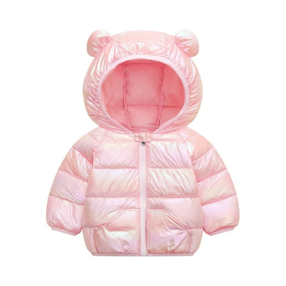 Girls Colorful Puffer Jacket, Iridescent/Holographic Short Winter Coat with Pockets, Fun Playful Outerwear for Boys & Girls Playground A18-Light pink 80