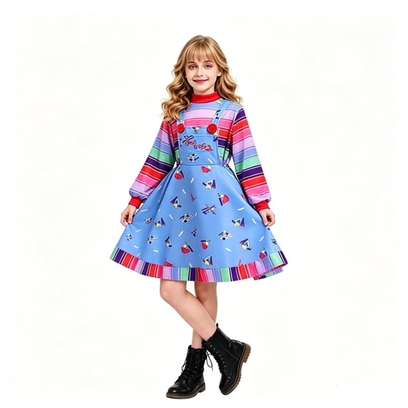 Girls Colorful Striped Long Sleeve Top & Printed Suspender Skirt Costume Set, Kids Dress Up Outfit for Halloween & Themed Party